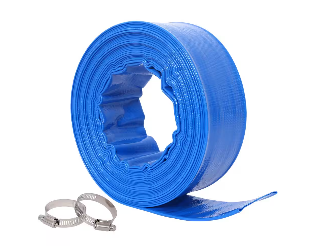 A roll of blue hose with two clamps attached to it on a white background.