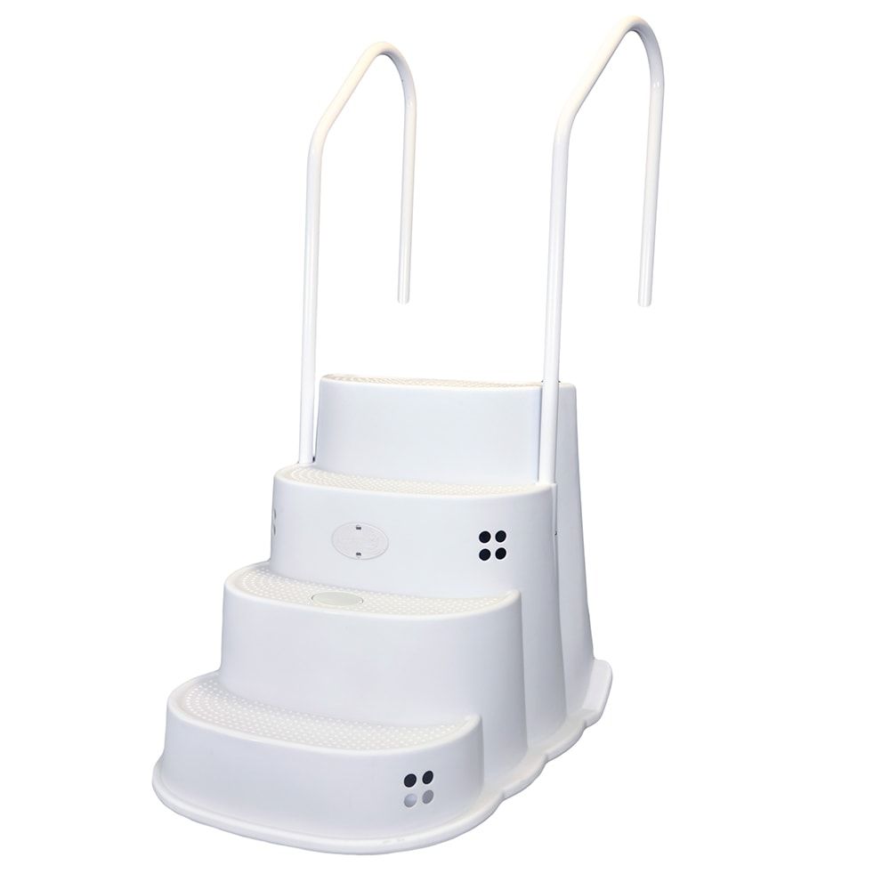 A set of white stairs with a handle on a white background.