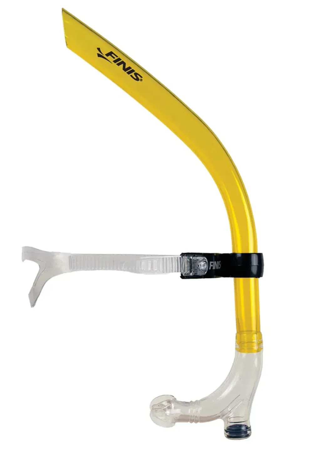 A yellow finis snorkel is shown on a white background