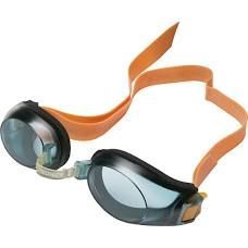 A pair of swimming goggles with an orange strap on a white background.