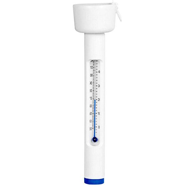 A white and blue swimming pool thermometer with a blue cap.