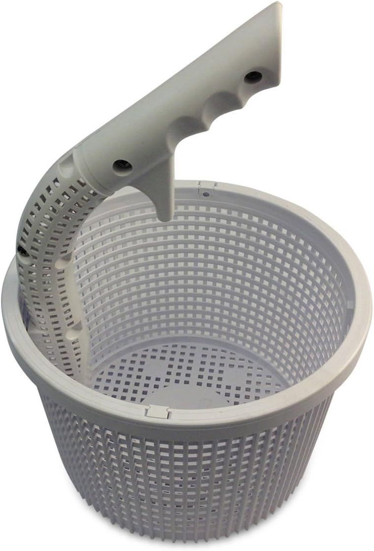 A white basket with a handle attached to it