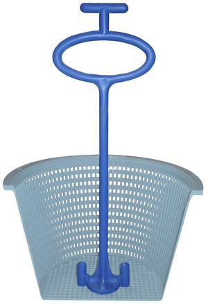 A blue basket with a blue handle that looks like an anchor