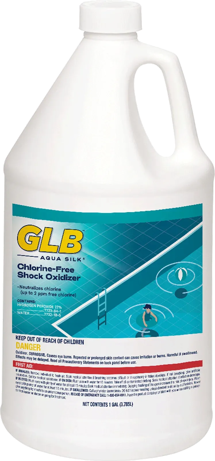 A bottle of glb swimming pool cleaner is sitting on a white surface.