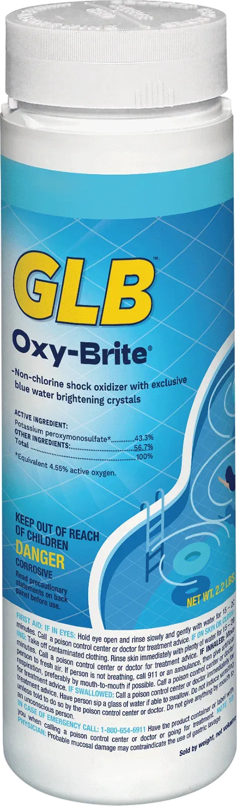 A bottle of glb oxy-brite is shown on a white background.