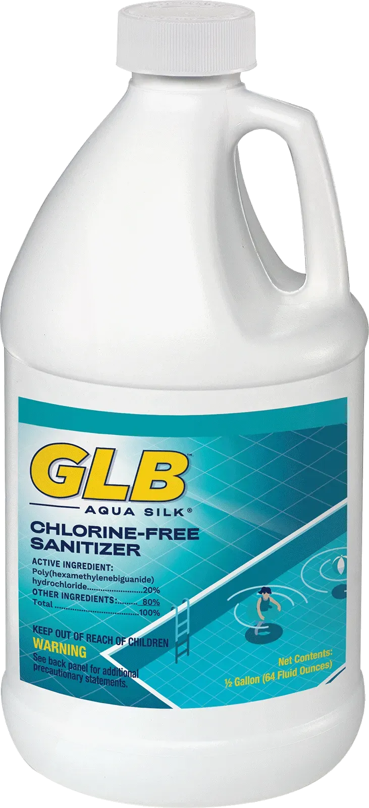 A bottle of glb chlorine free sanitizer on a white background