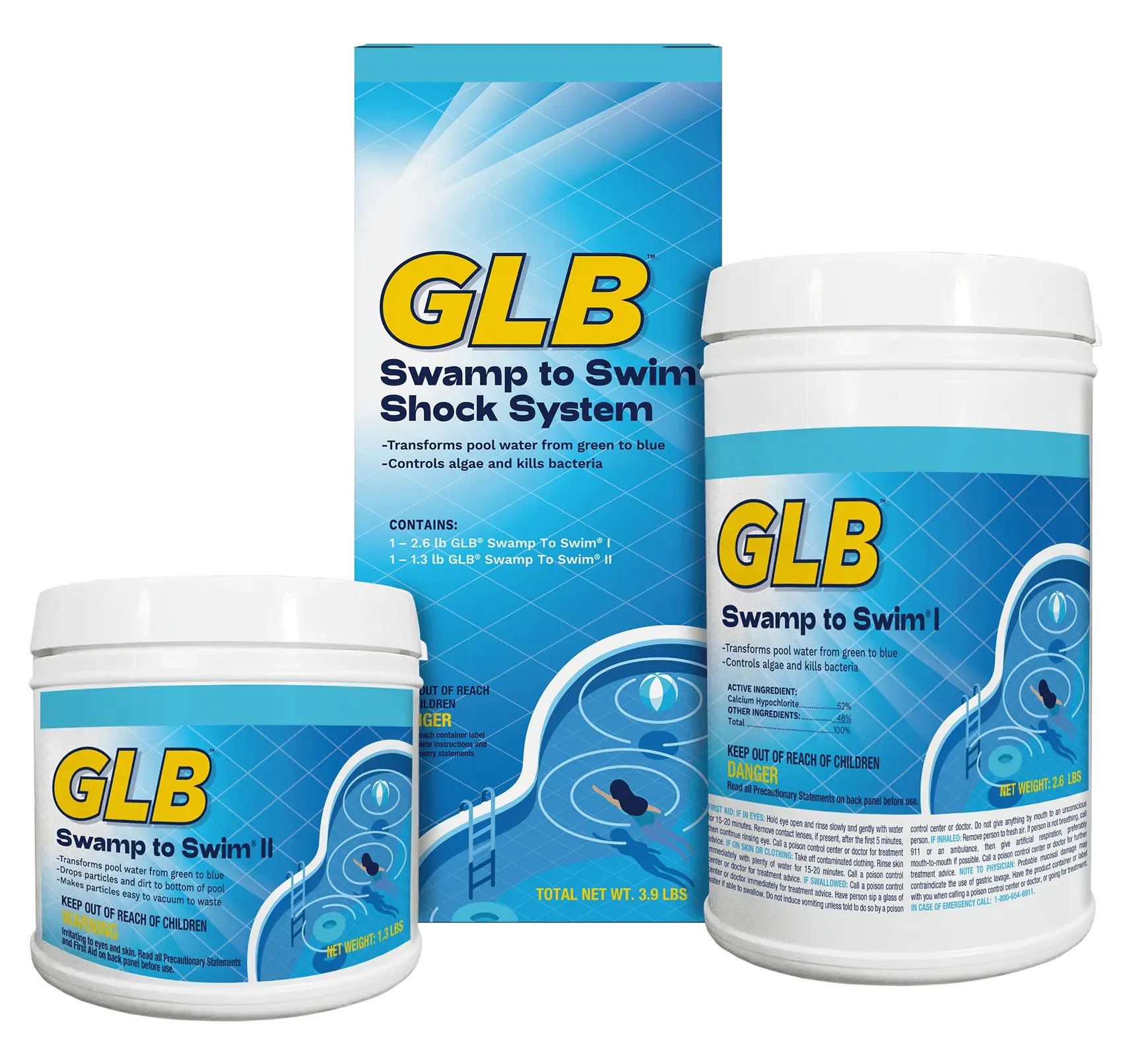 Three containers of glb swamp to swim shock system