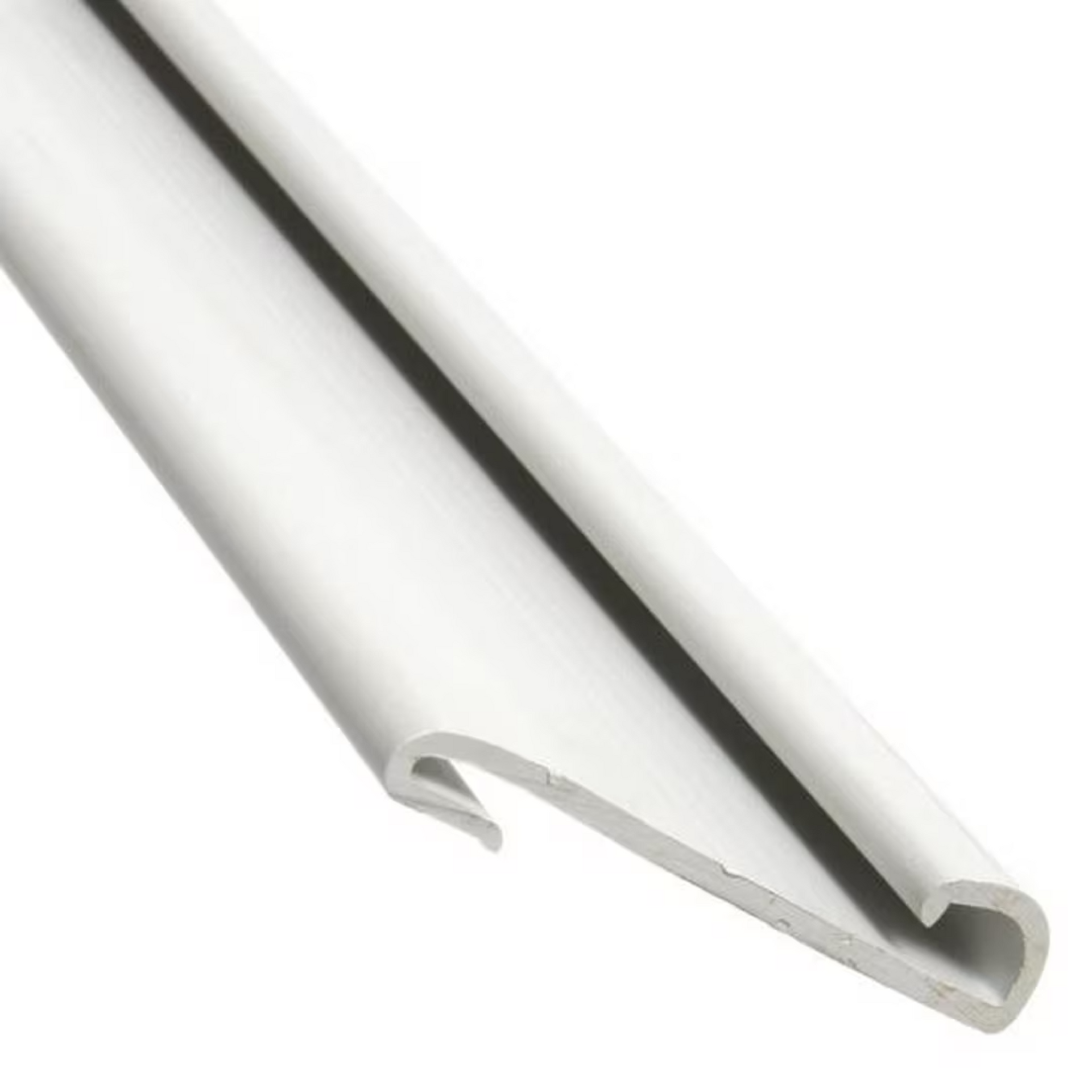 A white plastic pipe with a hook on the end on a white background.