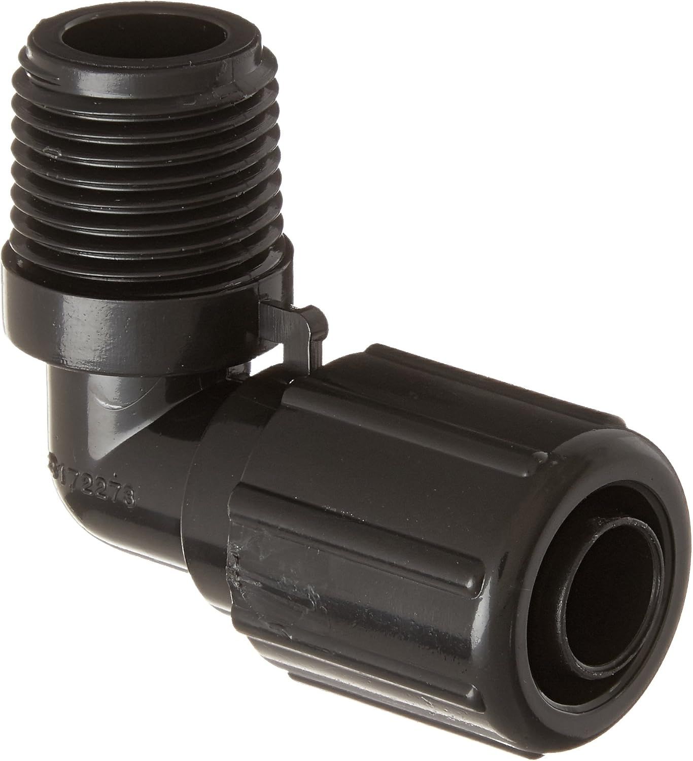 A close up of a black plastic elbow on a white background