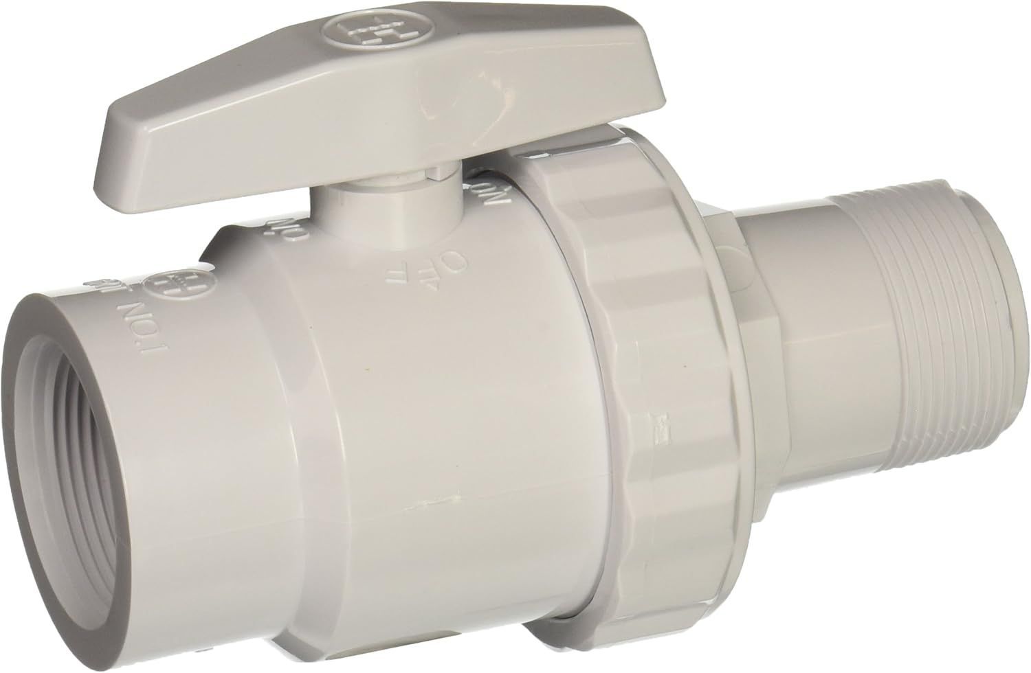 A white plastic ball valve with a handle on a white background.