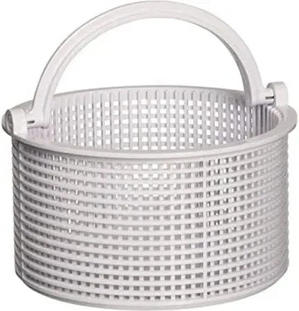 A white plastic basket with a handle on a white background.