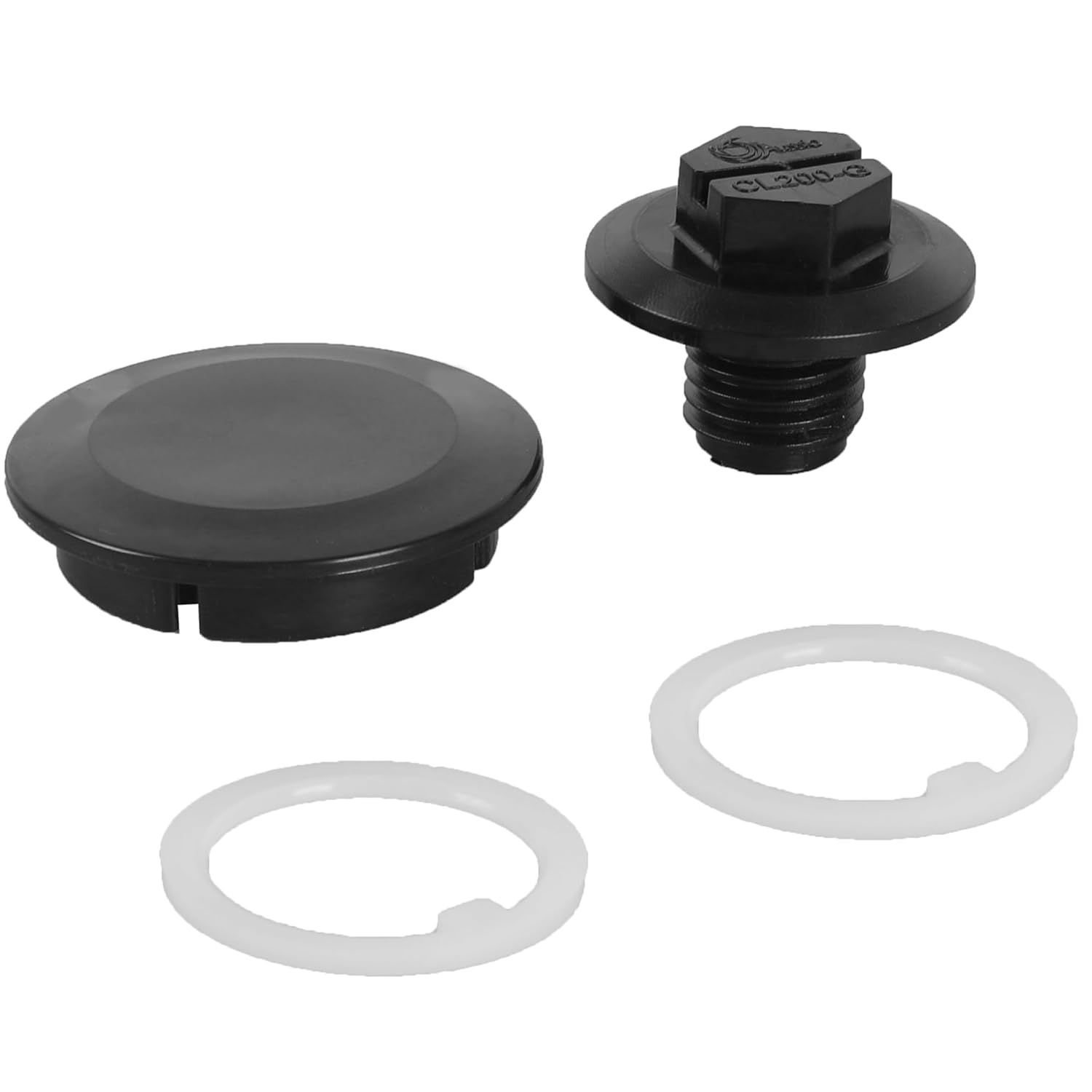 A set of washers and a screw on a white background