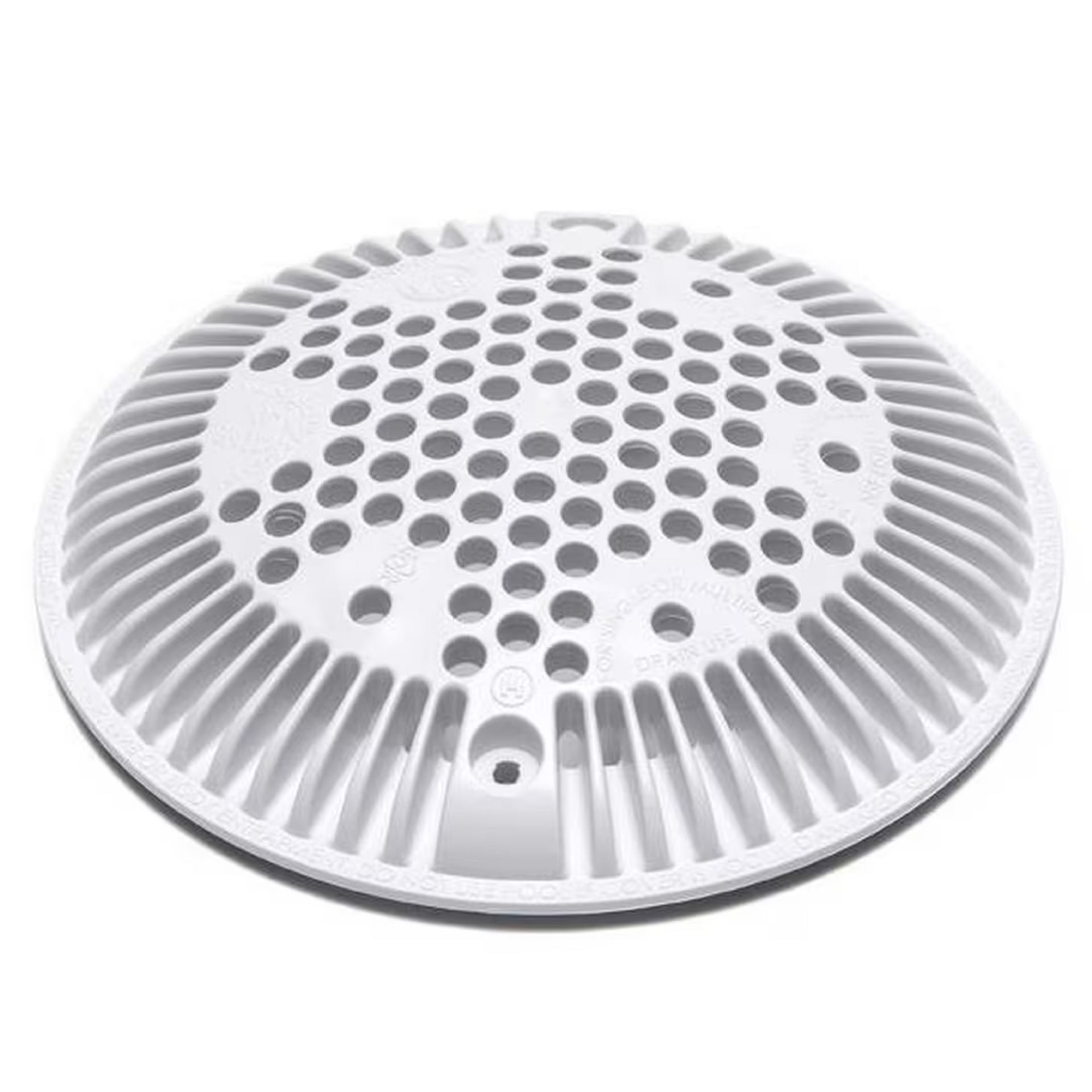 A white drain cover with holes in it on a white background.