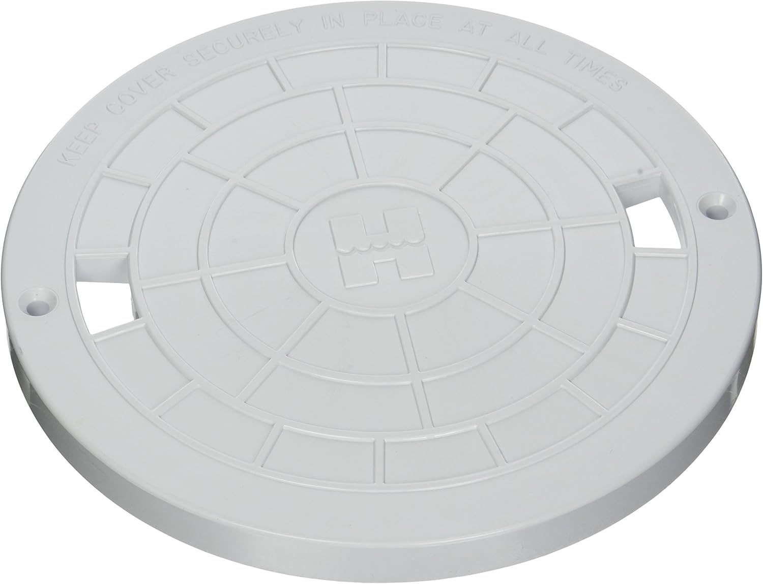 A white plastic drain cover with a hole in the middle on a white background.