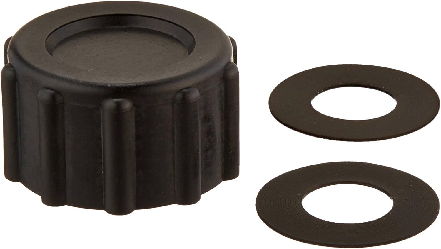 A black plastic cap with two washers attached to it