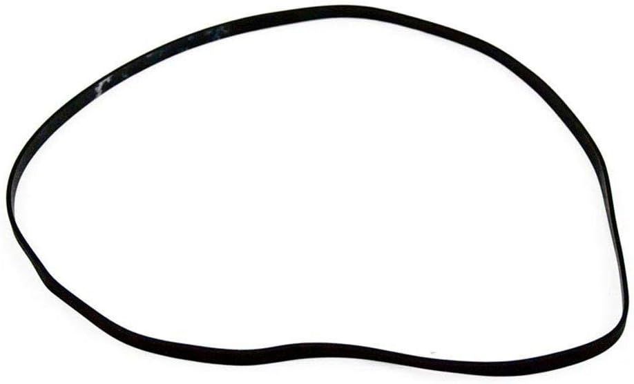 A black rubber band is sitting on a white surface.