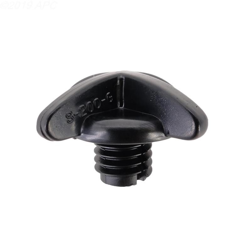 A close up of a black plastic screw on a white background