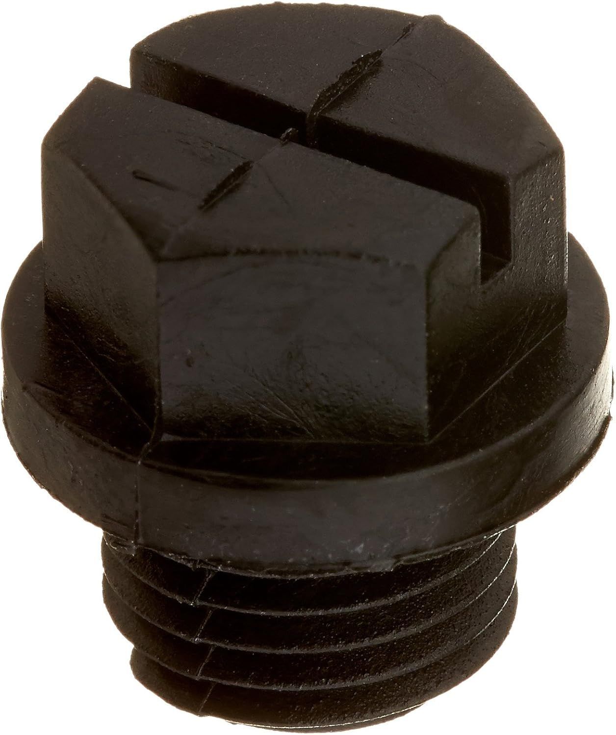A close up of a black plastic plug on a white background