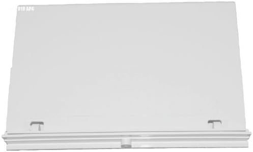 A white laptop is sitting on top of a white table.