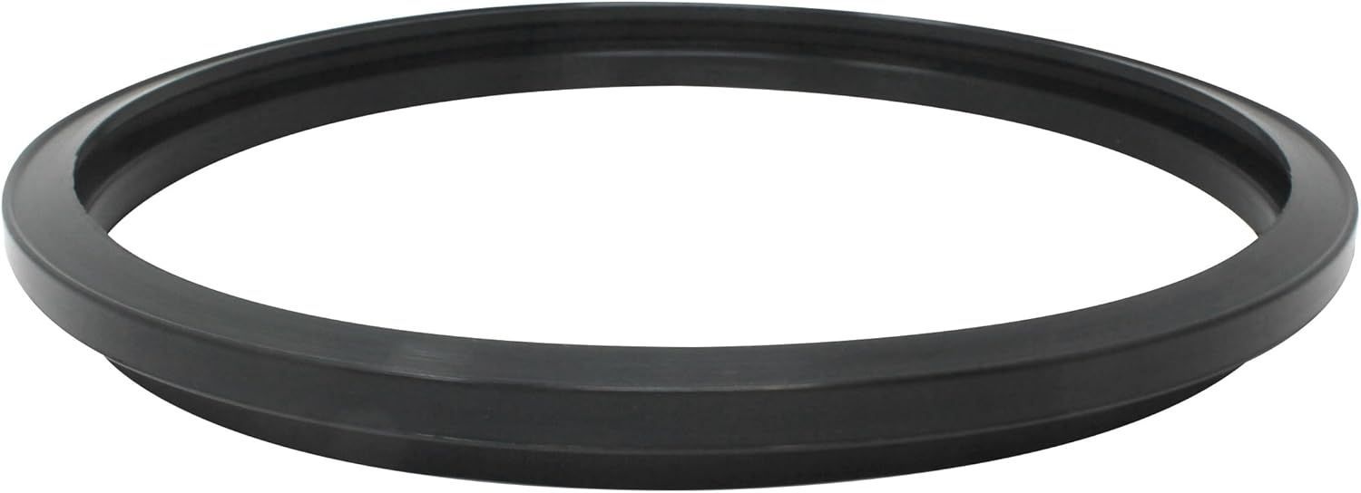 A close up of a black rubber ring on a white background.