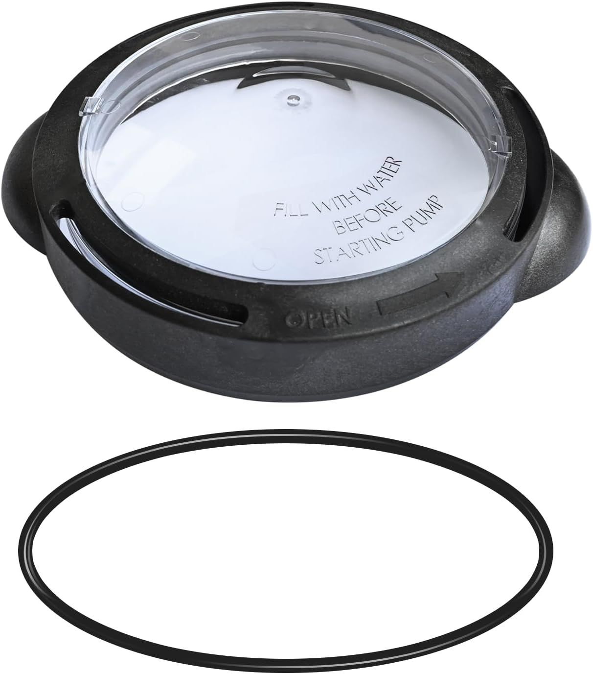 A black container with a clear lid and a black o-ring