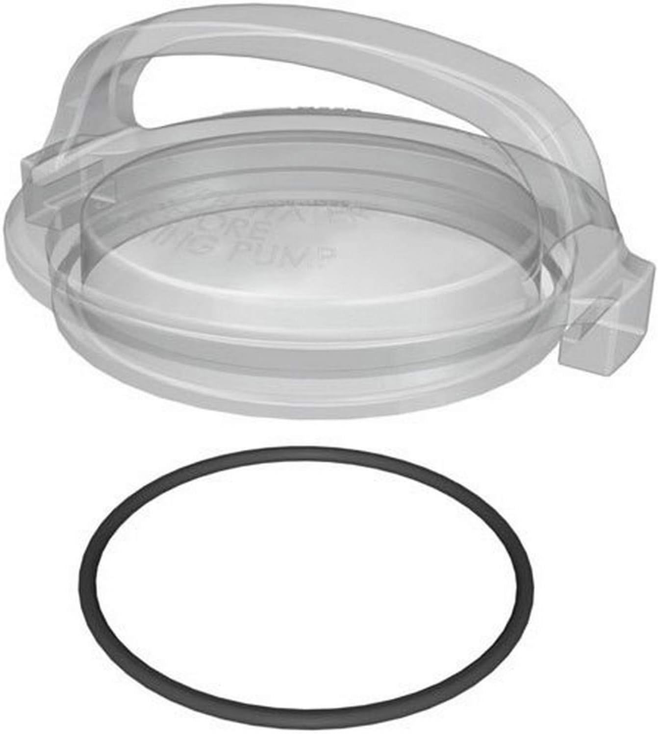 A clear plastic lid with a black o-ring attached to it