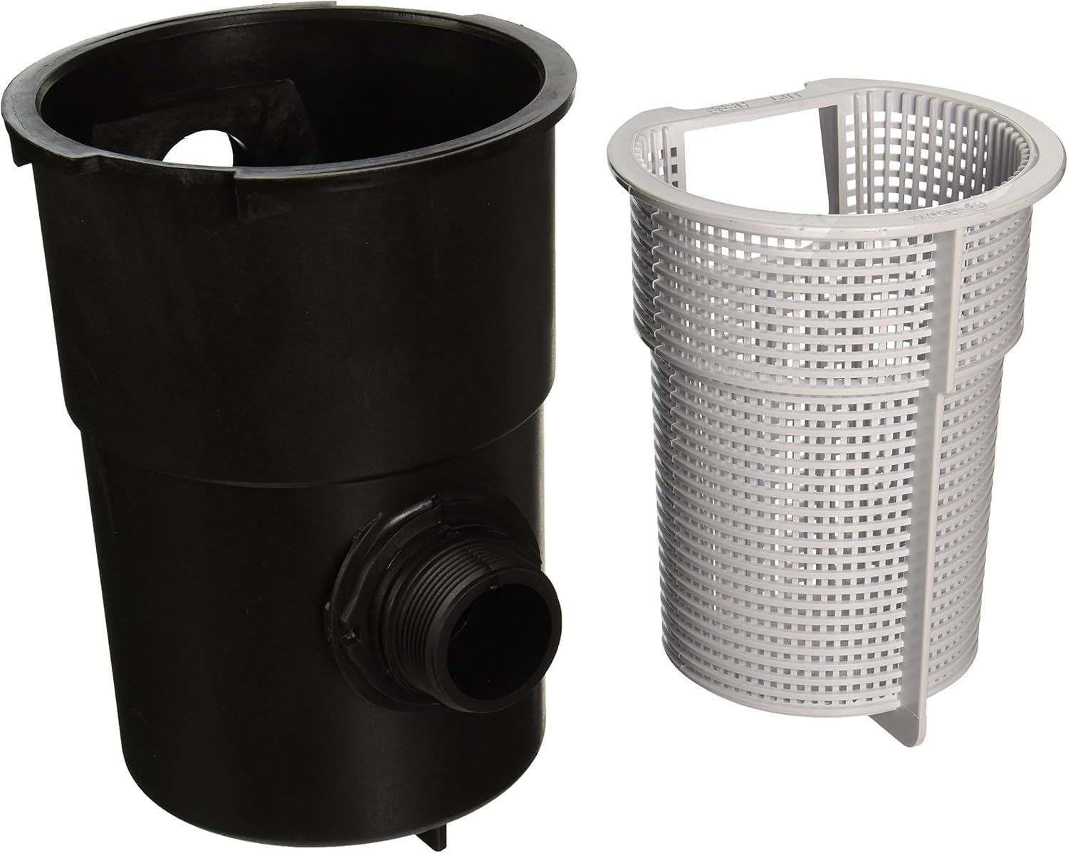 A black bucket and a white basket on a white background