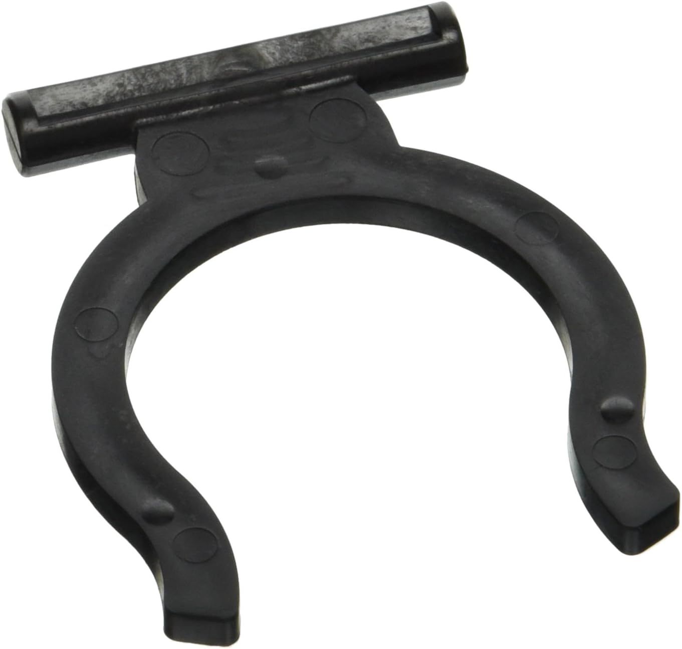 A black horseshoe shaped plastic clip with holes in it
