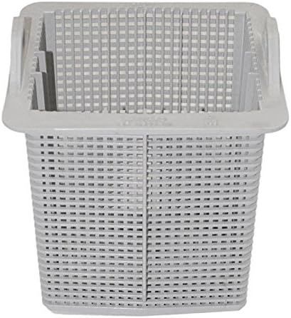 A white basket with holes in it is sitting on a white surface.