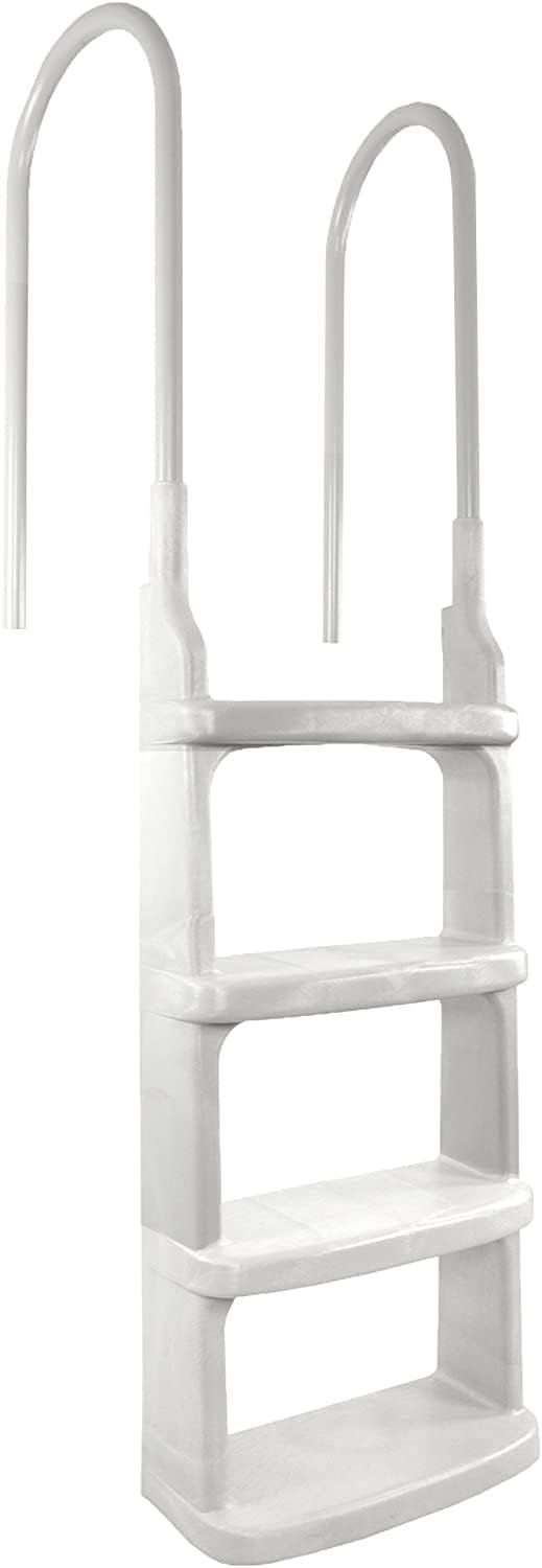 A white ladder with four steps and a handle on a white background.