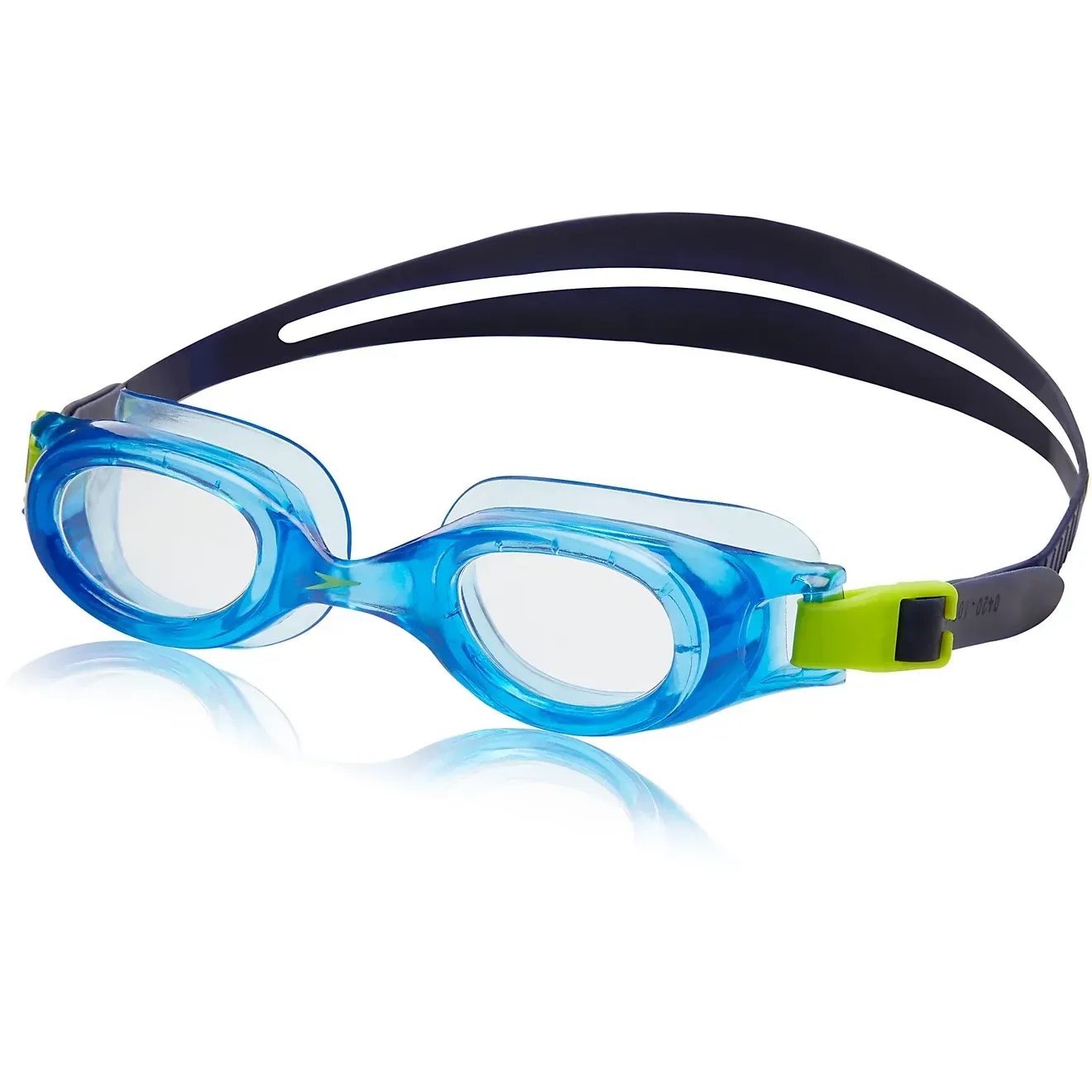 A pair of blue swimming goggles with a black strap on a white background.