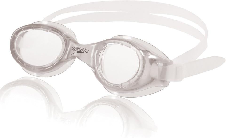 A pair of white swimming goggles on a white background.