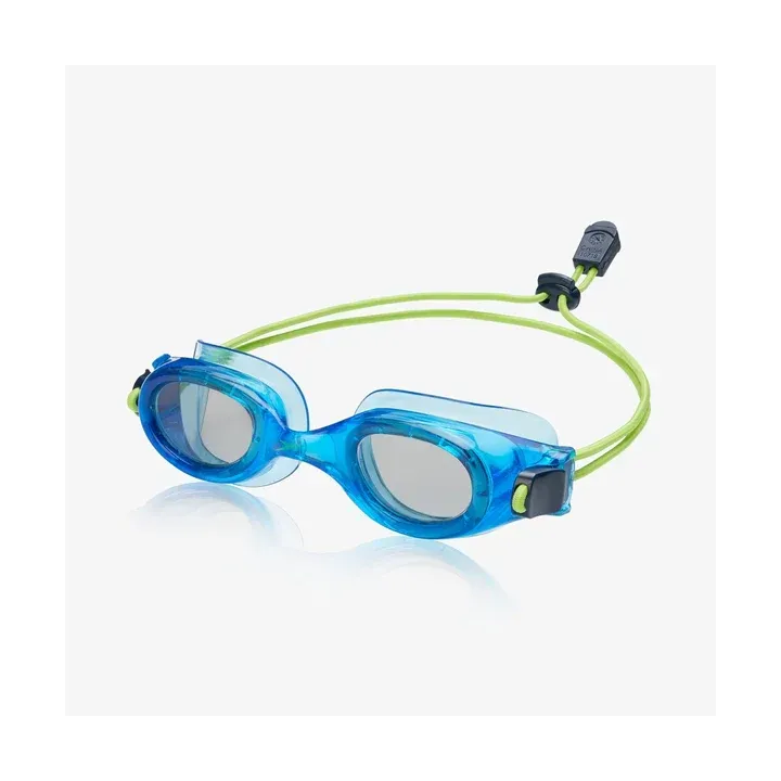 A pair of blue swimming goggles with a green strap