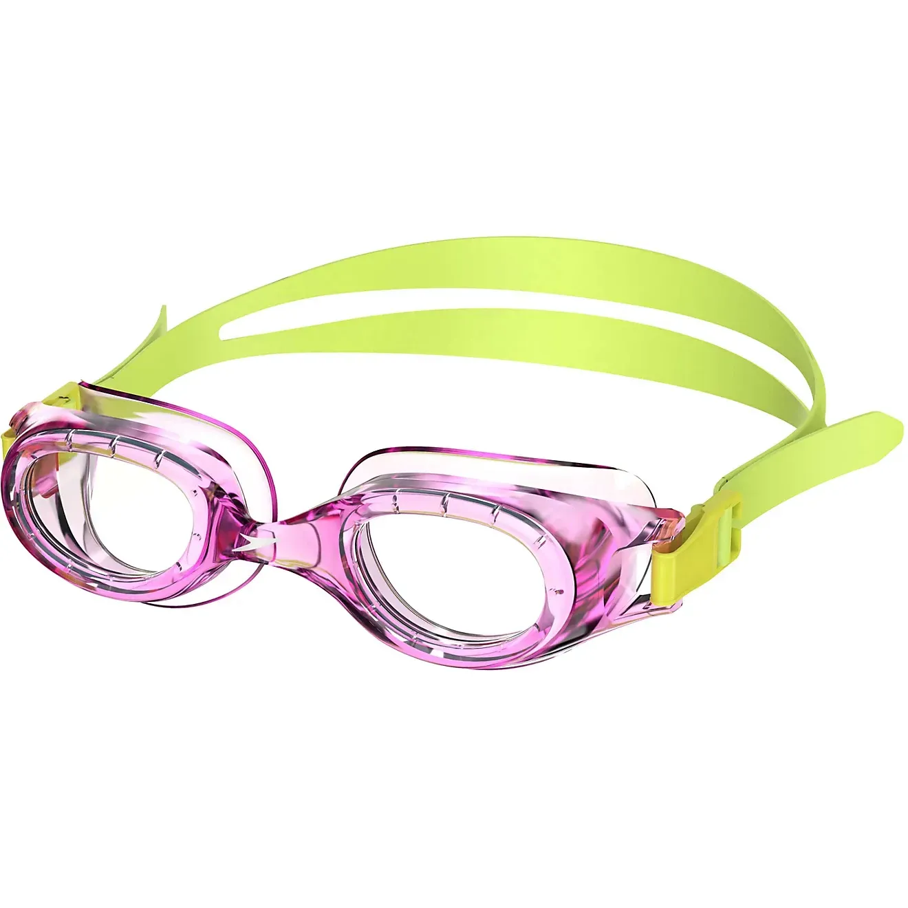 A pair of pink swimming goggles with a yellow strap