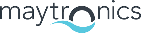 A logo for maytronics with a blue wave in the middle.