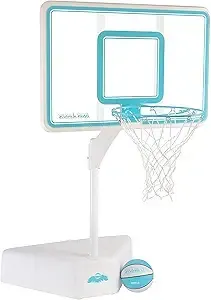 A white and blue basketball hoop with a ball attached to it.
