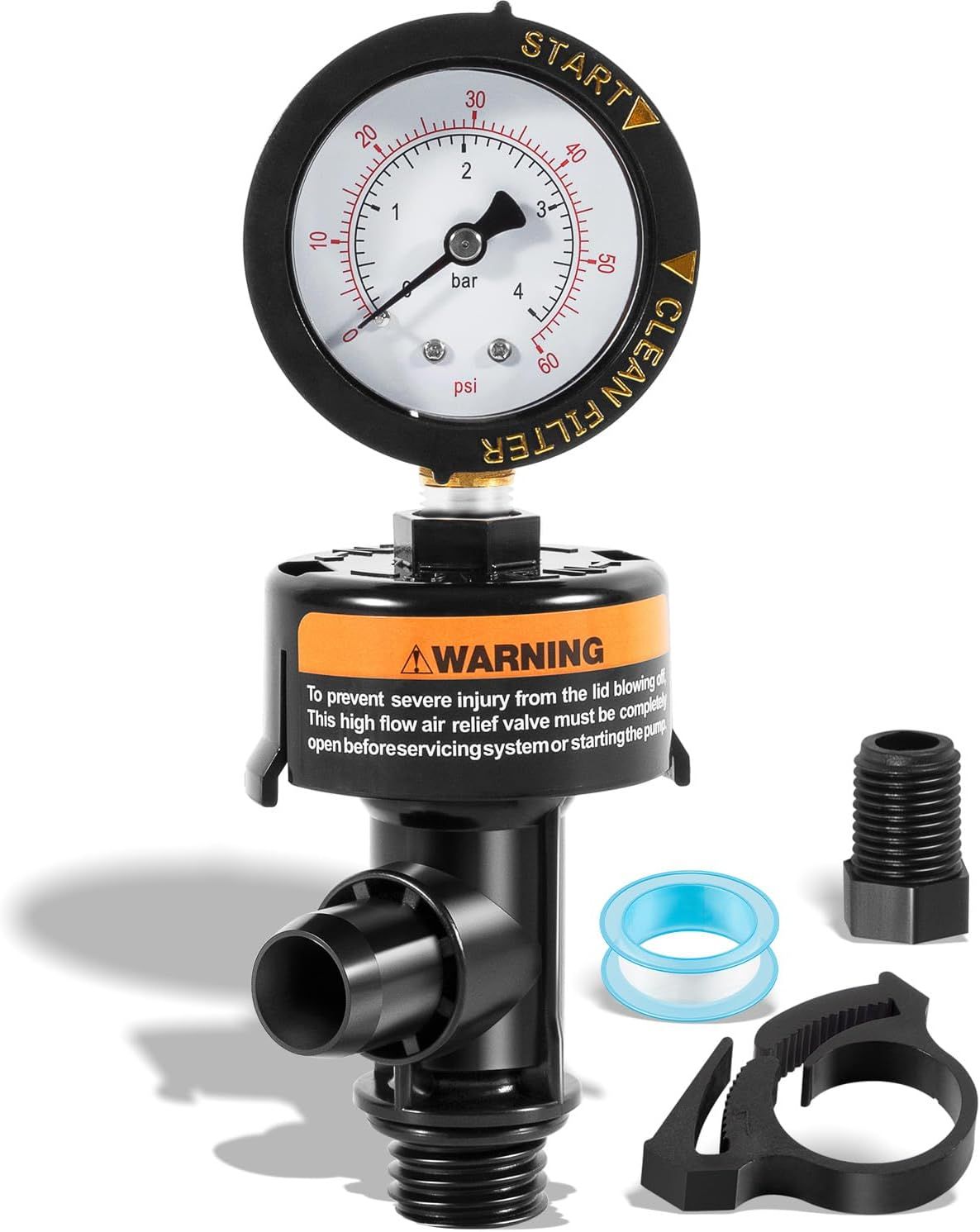 A pressure gauge with a warning label on it