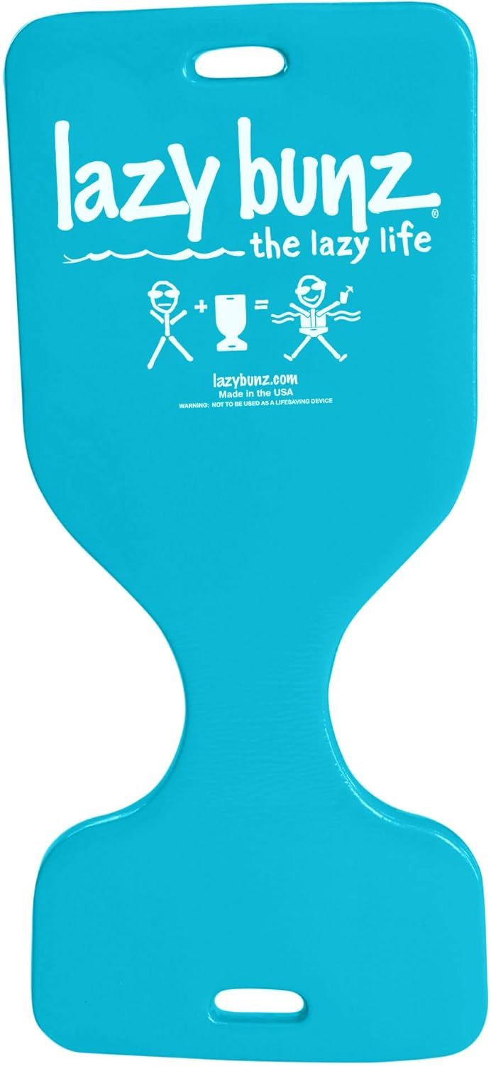 A blue lazy bunz the lazy life float with stick figures on it.