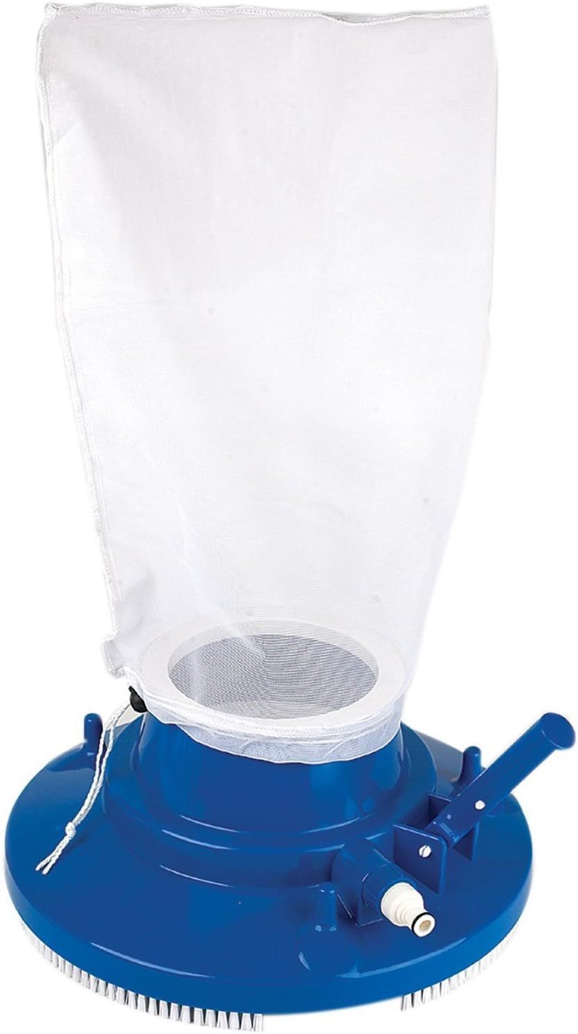 A blue pool cleaner with a white bag on top of it.