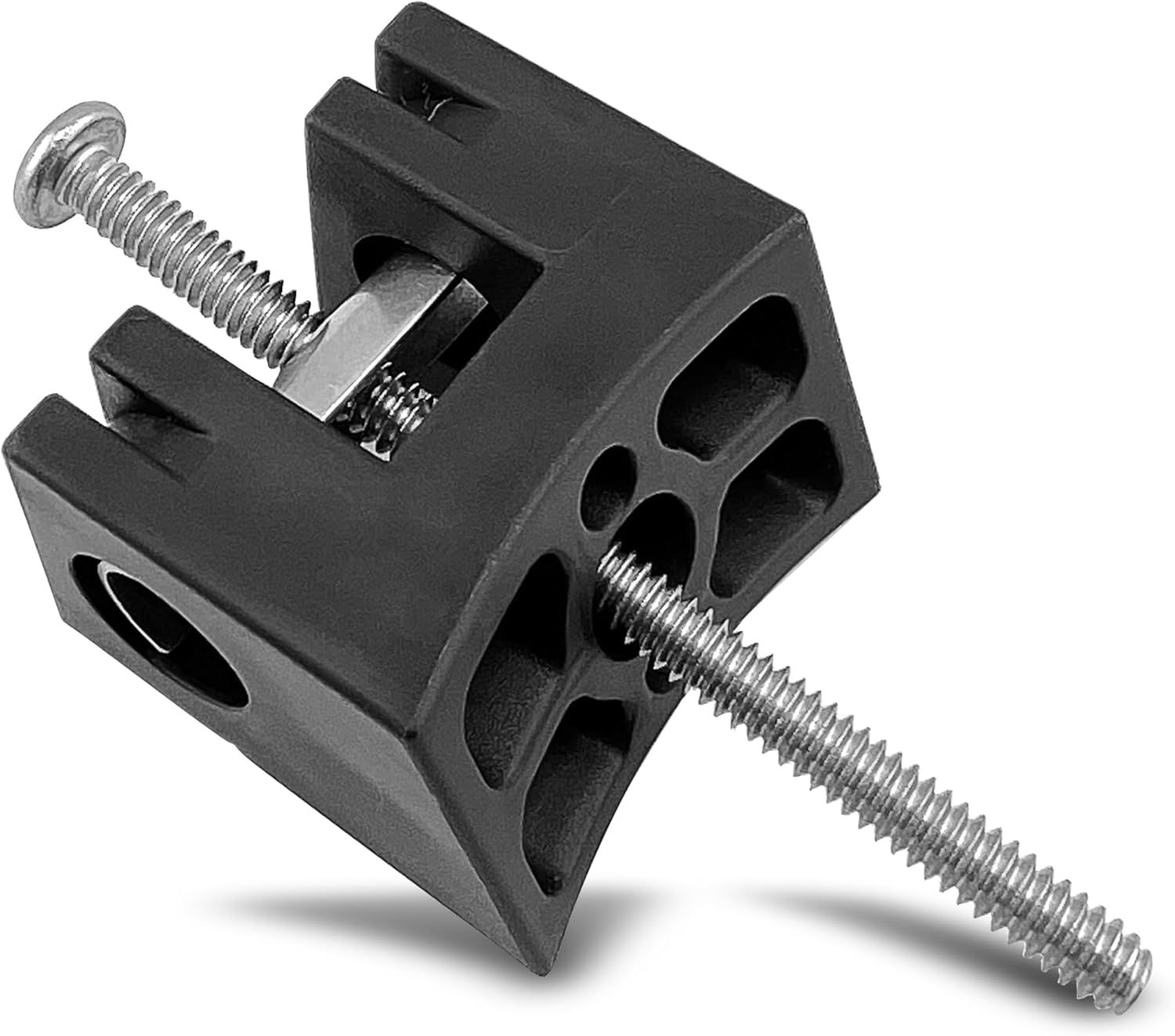 A black block with a screw attached to it