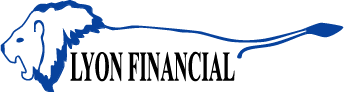 Lyon Financial logo: blue lion head and tail with 