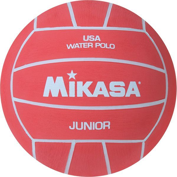 A red mikasa junior water polo ball on a white background