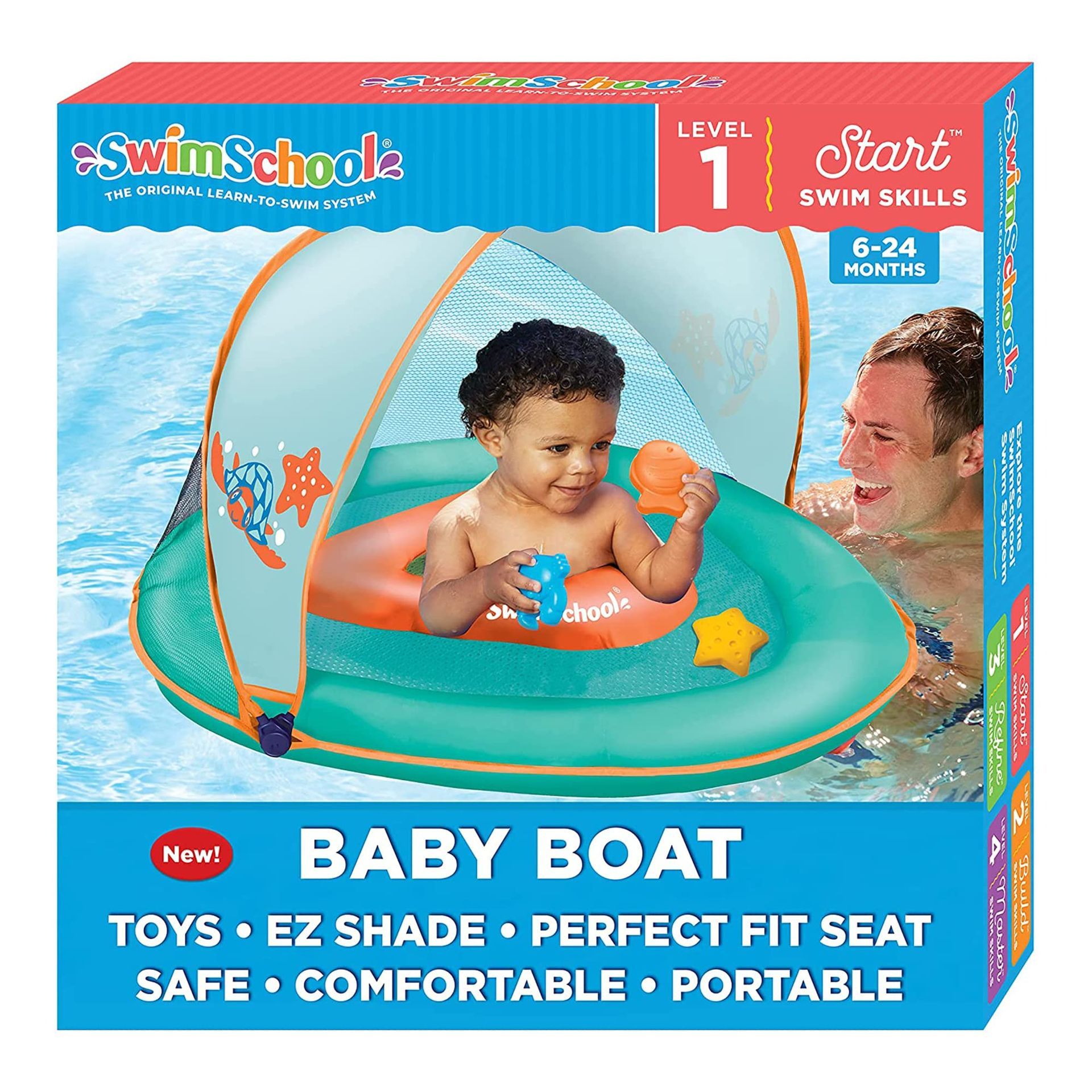 A baby is sitting in a baby boat with a canopy