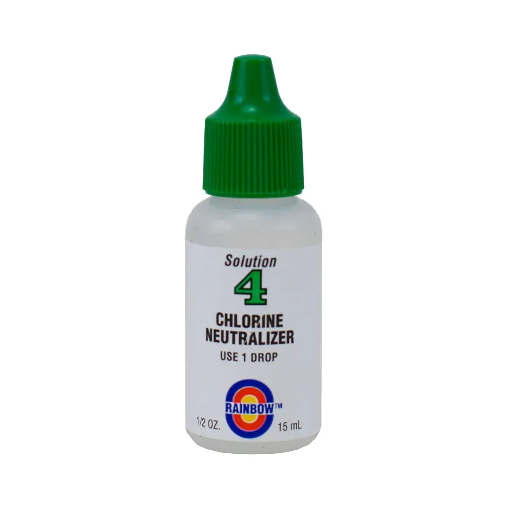 A bottle of solution 4 chlorine neutralizer with a green cap