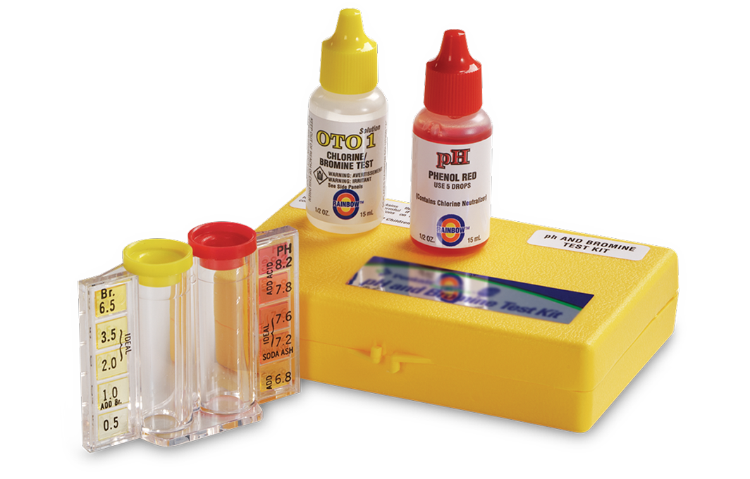 Pool water testing kit, with colored vials, reagent bottles, and a yellow storage box.