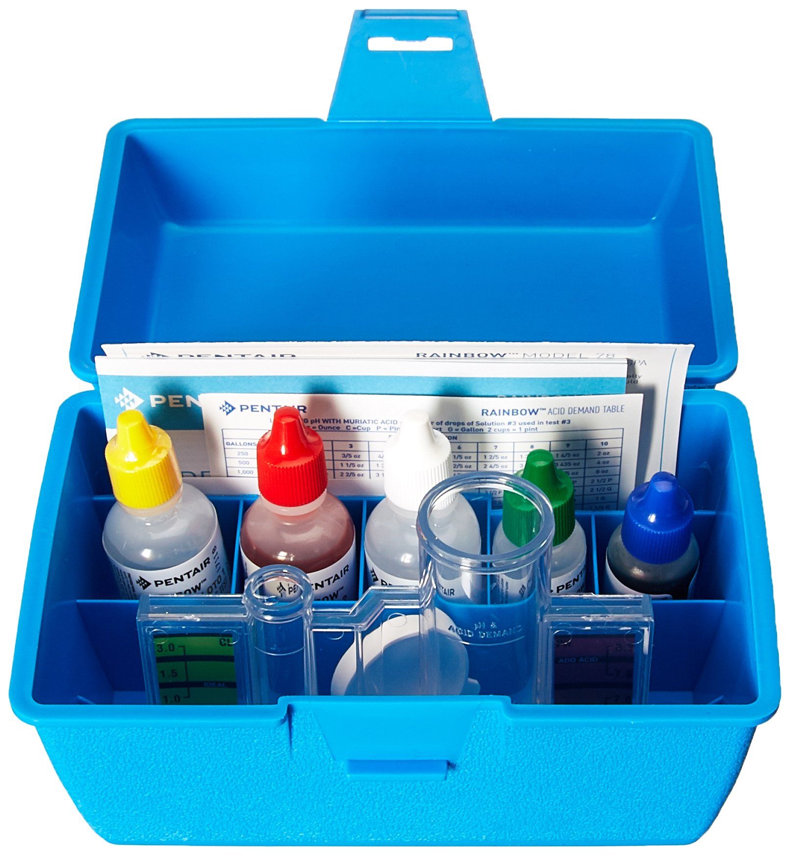 A blue box filled with bottles and test tubes