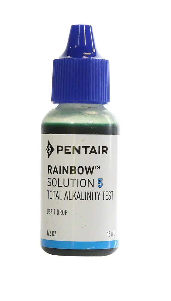 A bottle of pentair rainbow solution 5 t.h. alkalinity test on a white background.