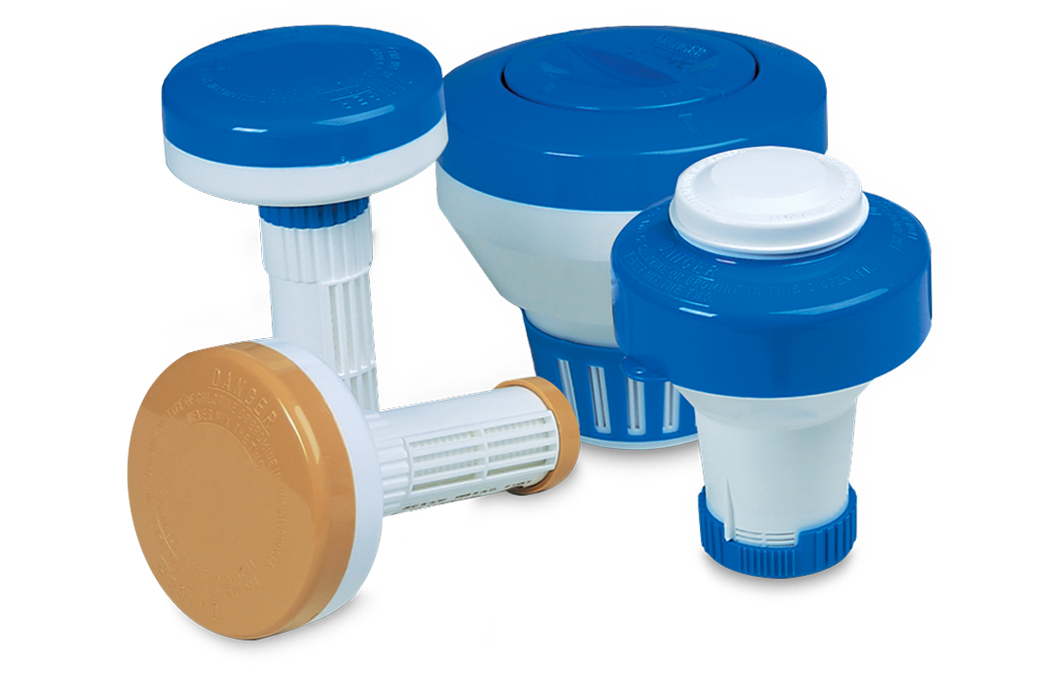 A group of blue and white swimming pool chemical dispensers