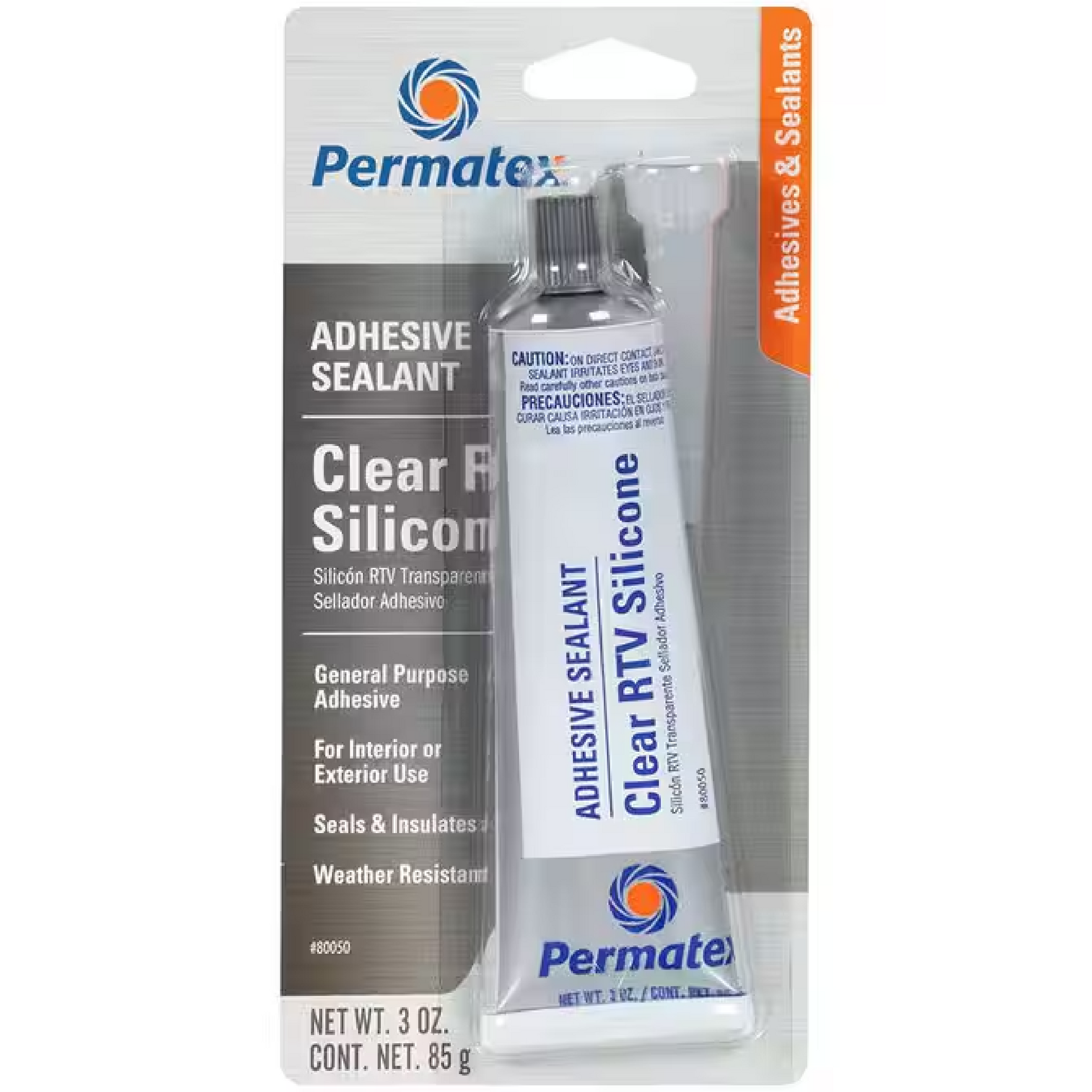 A tube of permatex clear rtv silicone adhesive sealant
