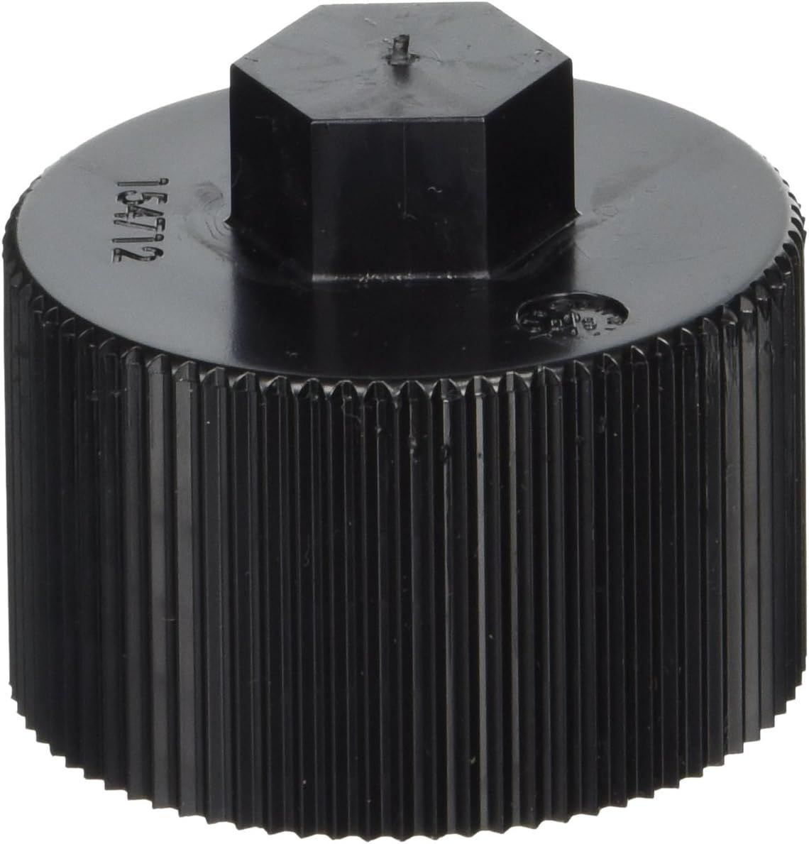 A close up of a black plastic cap with the number 15712 on it